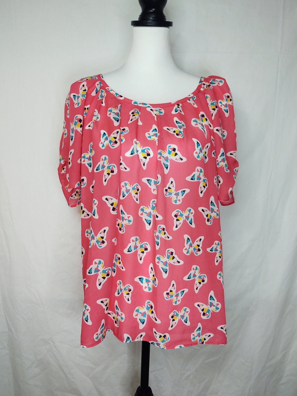 Kaari Blue Butterfly Blouse Sz L Back Tie Detail